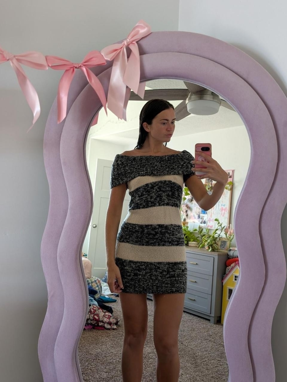 Y2K Rue21 Off-Shoulder Striped Knit Mini Dress in Black and Cream Size XL